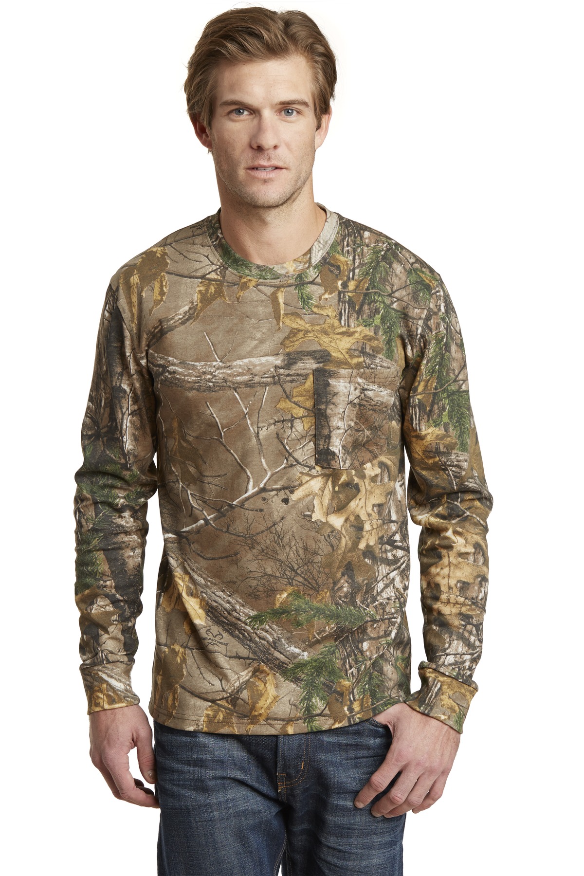  DISCONTINUED  Russell Outdoors &#8482;  Realtree &#174;  Long Sleeve Explorer 100% Cotton T-Shirt with Pocket. S020R